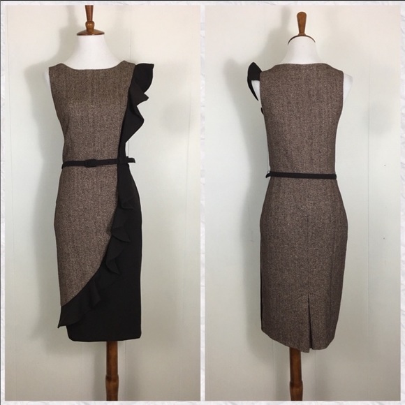 Eva Franco Dresses & Skirts - Eva Franco Crew Neck Ruffled Wool Mix Sheath Dress